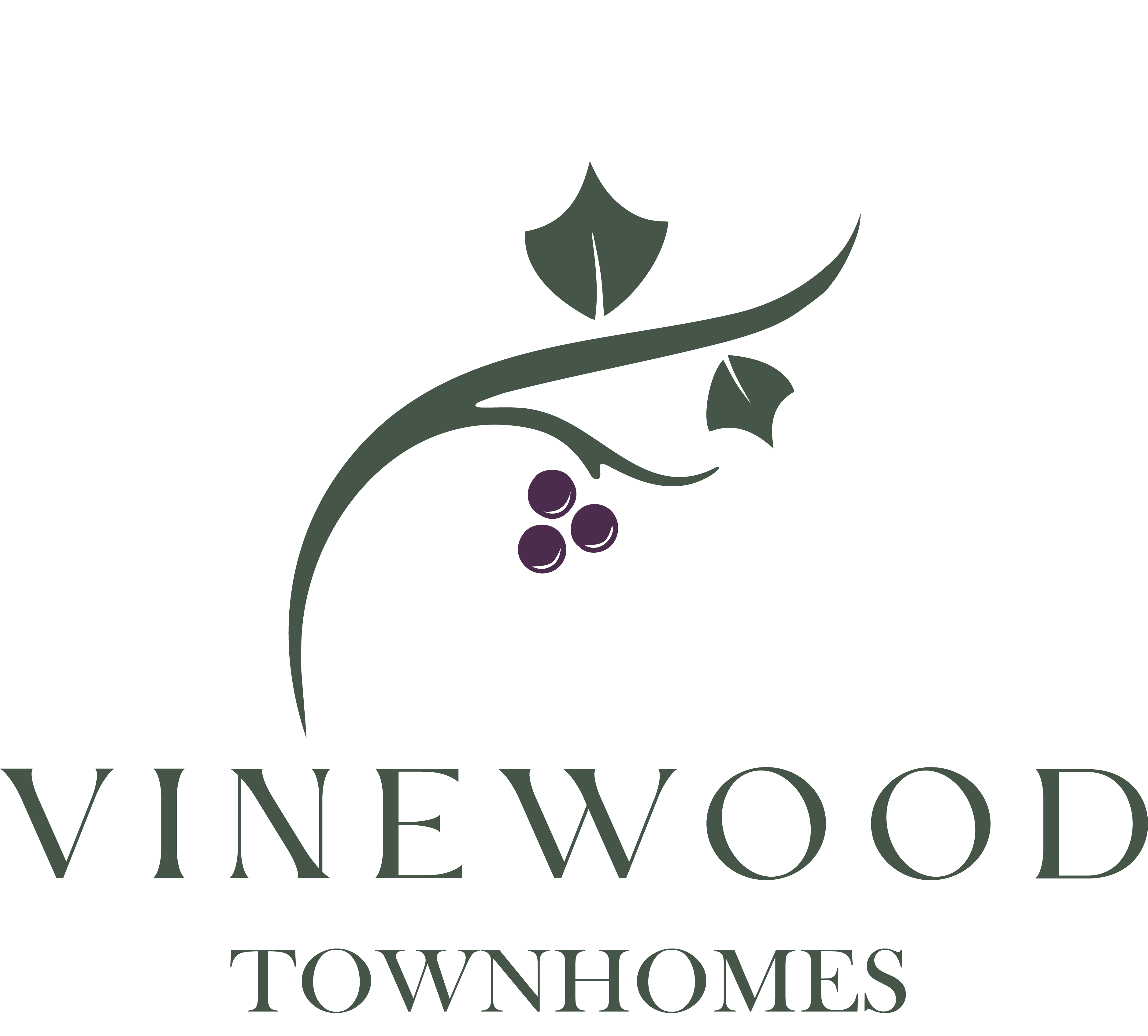 A logo for Vinewood Townhomes with a vine and grapes.